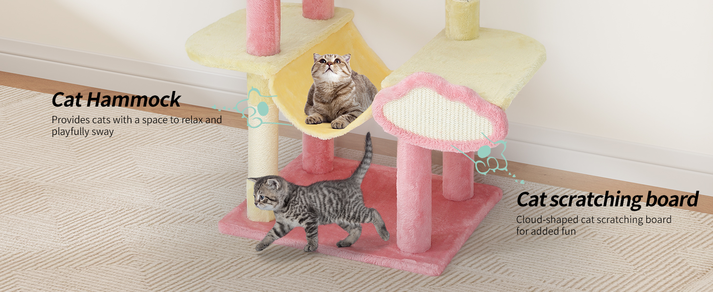 Кліматичний комплекс для котів YITAHOME XXL, 142 см, рожевий, з 8 стовпчиків сизалю, 3 платформи, 2 печери, гамак, іграшки, когтеточка, для дому