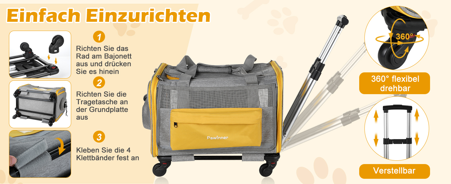 Транспортна переноска для котів та собак Pawinner з колесами, 45x33x33 см. Зручна переноска-тролей для авто та літака, складна, дихаюча, для тварин до 9 кг