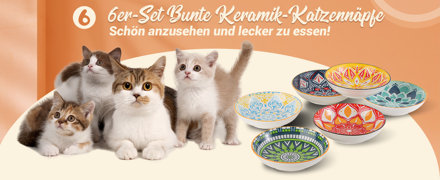Набори мисок для котів з кераміки Katzennäpfe - 6 шт. - 250 мл - для корму - кольорові - широкі, плоскі, зручні для котів - можна мити в посудомийній машині