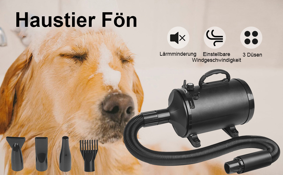 Професійний фен для собак 3200W з 4 насадками, чорний, для грумінгу