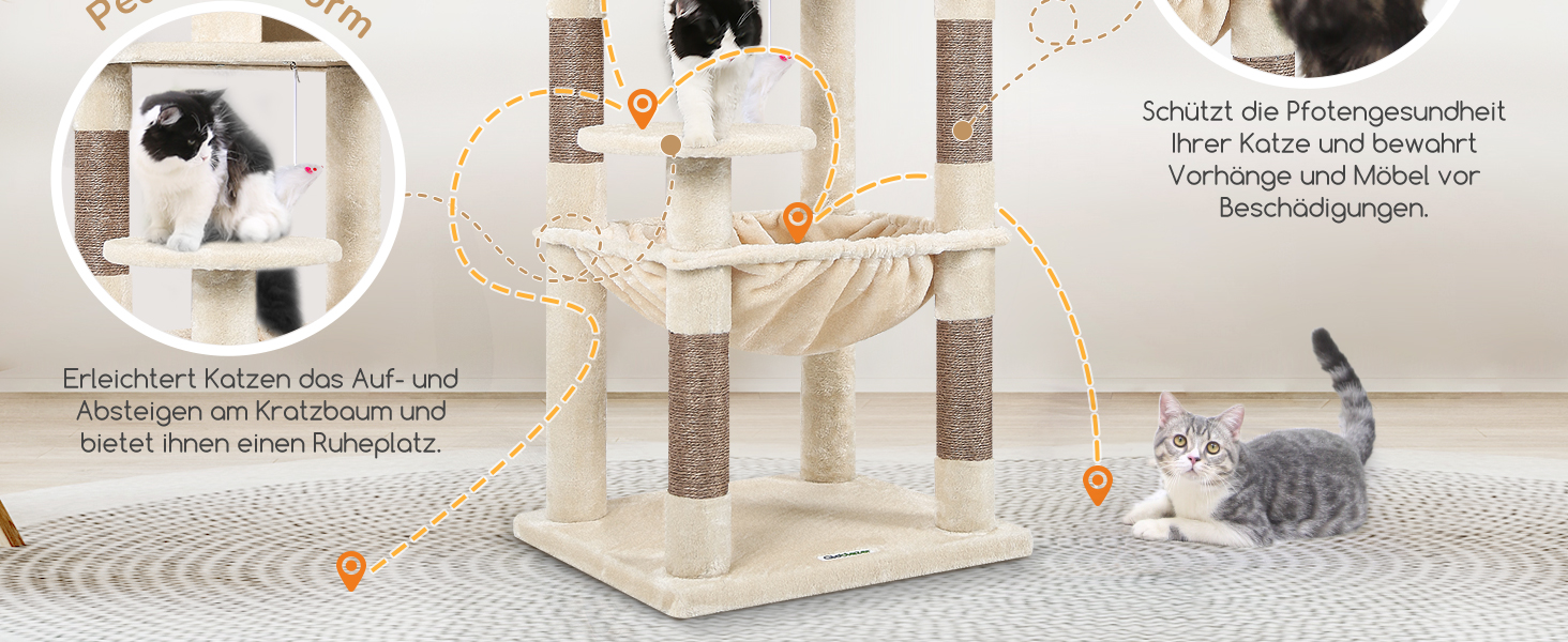 Комплекс для котів Globlazer Kratzbaum Бежевий з гамаком 45x40 см, будиночком та платформою 137 см - дряпка для котів в приміщенні