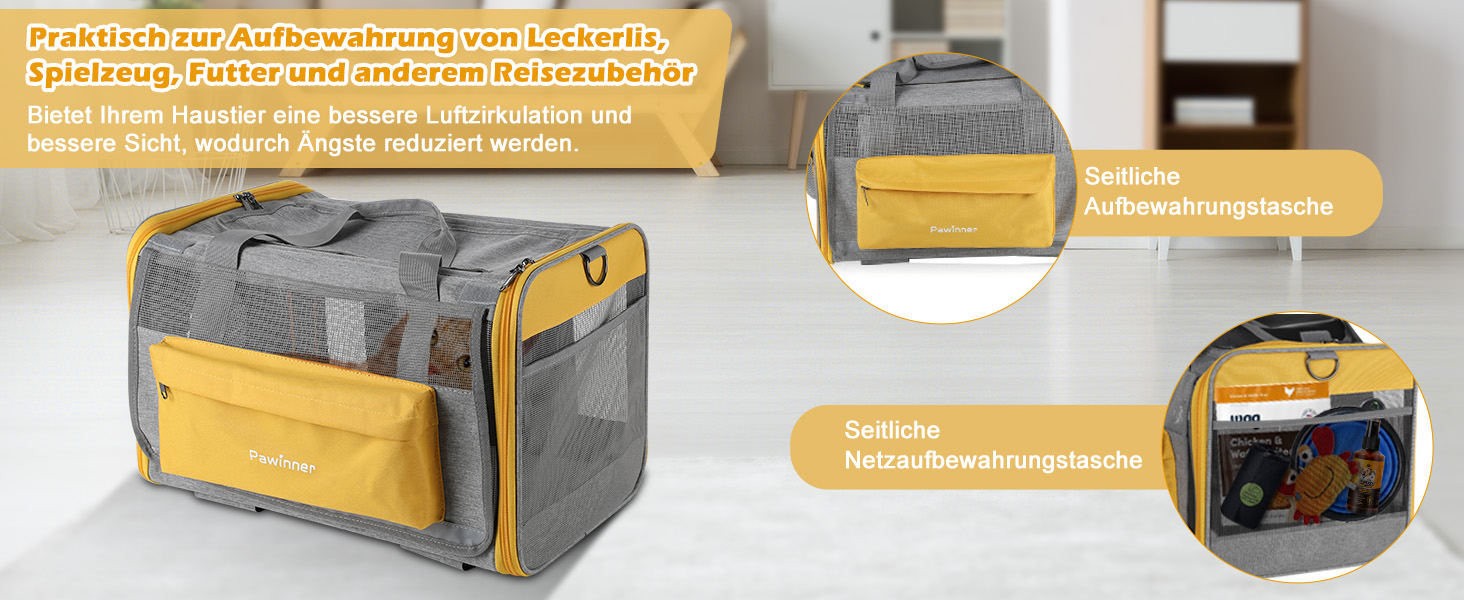 Транспортна переноска Pawinner для котів та собак, 45x33x33 см, з візком для авто та літака, складана, дихаюча, до 9 кг (Сірий, Світло-жовтий)
