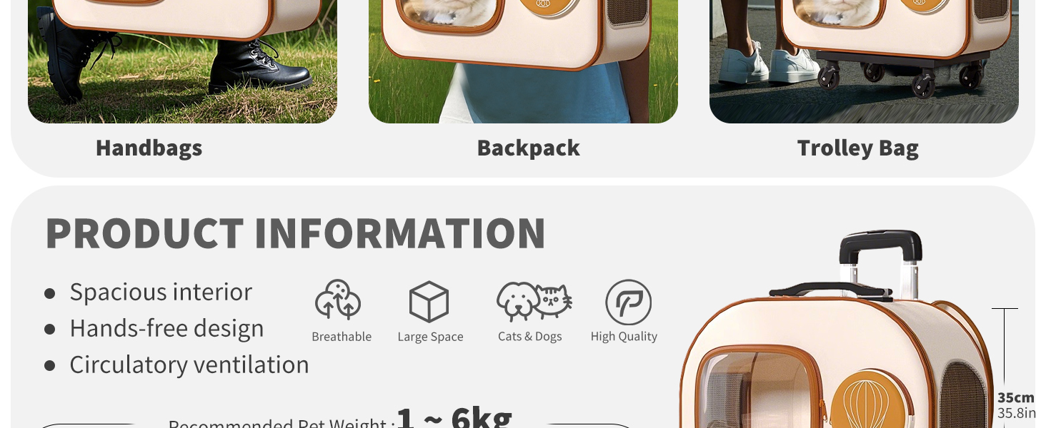 PETCUTE Рюкзак-переноска для собак та котів з колесами, складаний, з внутрішнім страхувальним ремінцем, дихаючий, для маленьких собак та середніх котів, бежевий
