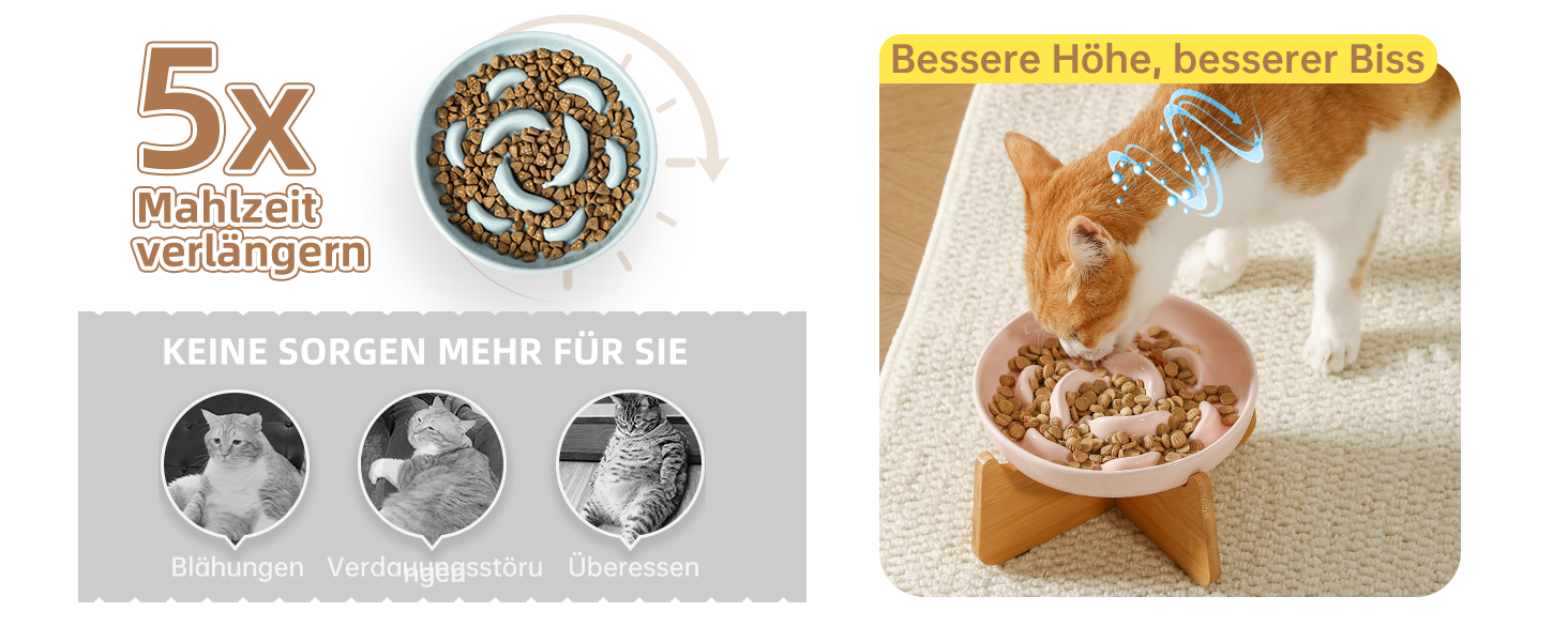 Антислизький годівниця для котів з кераміки з металевим підставкою - Підвищена годівниця проти захлинування - Лабіринтова миска для повільного годування - Рожевий (миска + бамбук - білий)