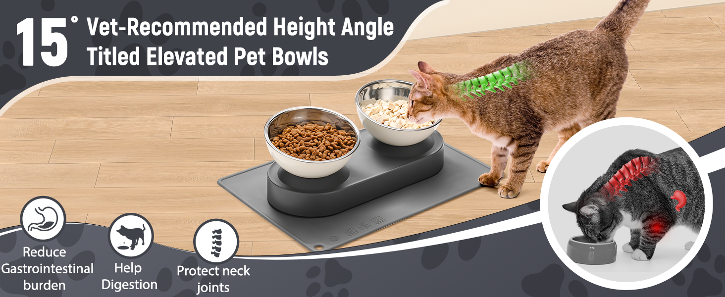 Набір мисок для котів та маленьких собак Marchul: подвійні, з підставкою, з нержавіючої сталі, 15° нахил, з силіконовим килимком