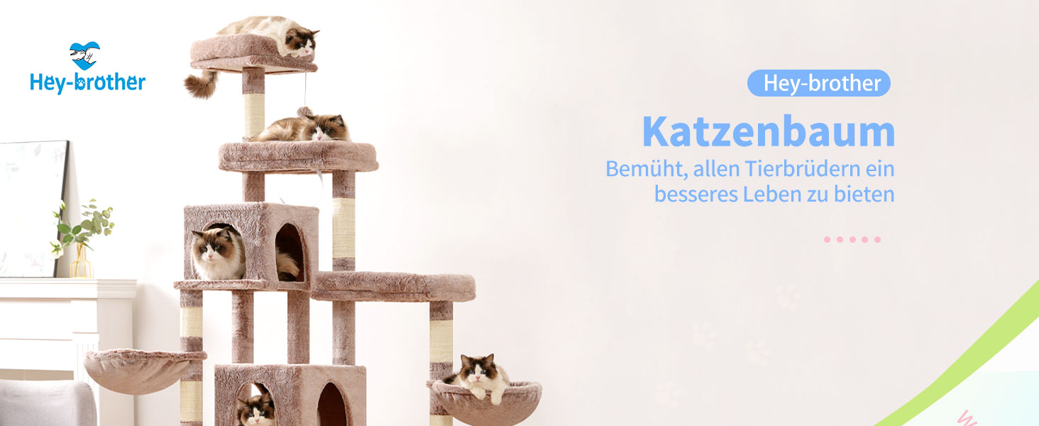 Котячий будиночок Hey-brother XXL для великих котів, 180 см. Стабільний котячий комплекс з 3 платформами, 3 великими печерами та 2 котячими будиночками, бежевий, EMPJ038MU