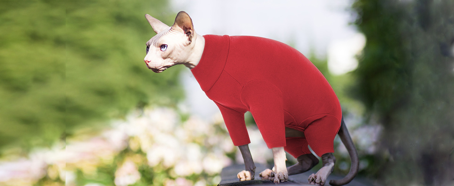Піжама для котів після операції, боді для відновлення після операції, анти-слинящий, з довгим рукавом, 4 ноги (червоний, M)