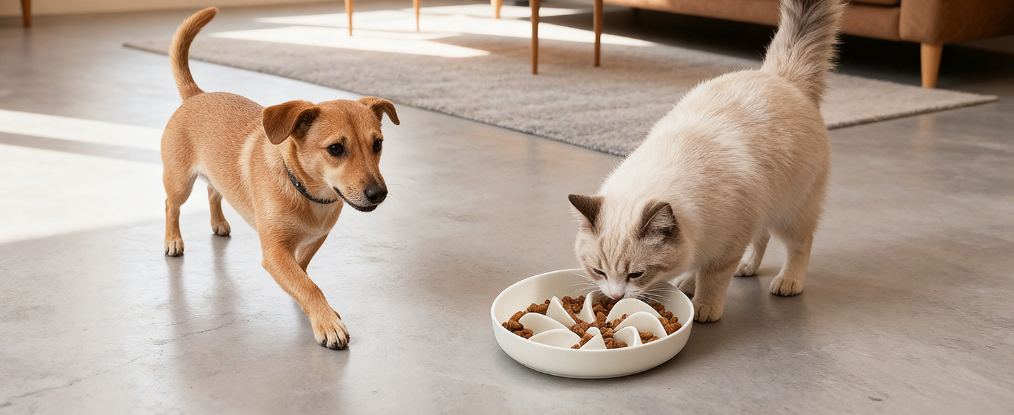 PETTOM Миска для котів протиковзаюча, піднята, керамічна, для повільного годування, біла. Підходить для котів та маленьких собак.