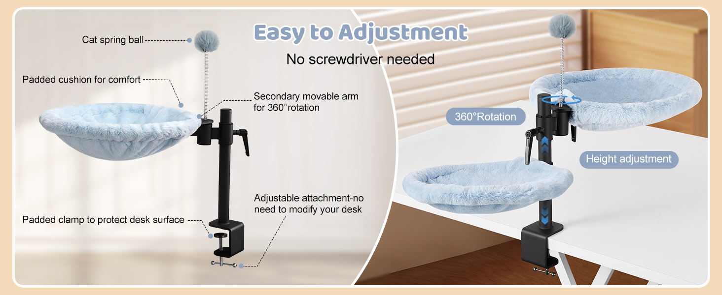 Крісло-гамак для кота Odoland - 360° обертання, регулювання висоти, м'яка лежанка для офісу, 2 знімні чохли, сірий колір