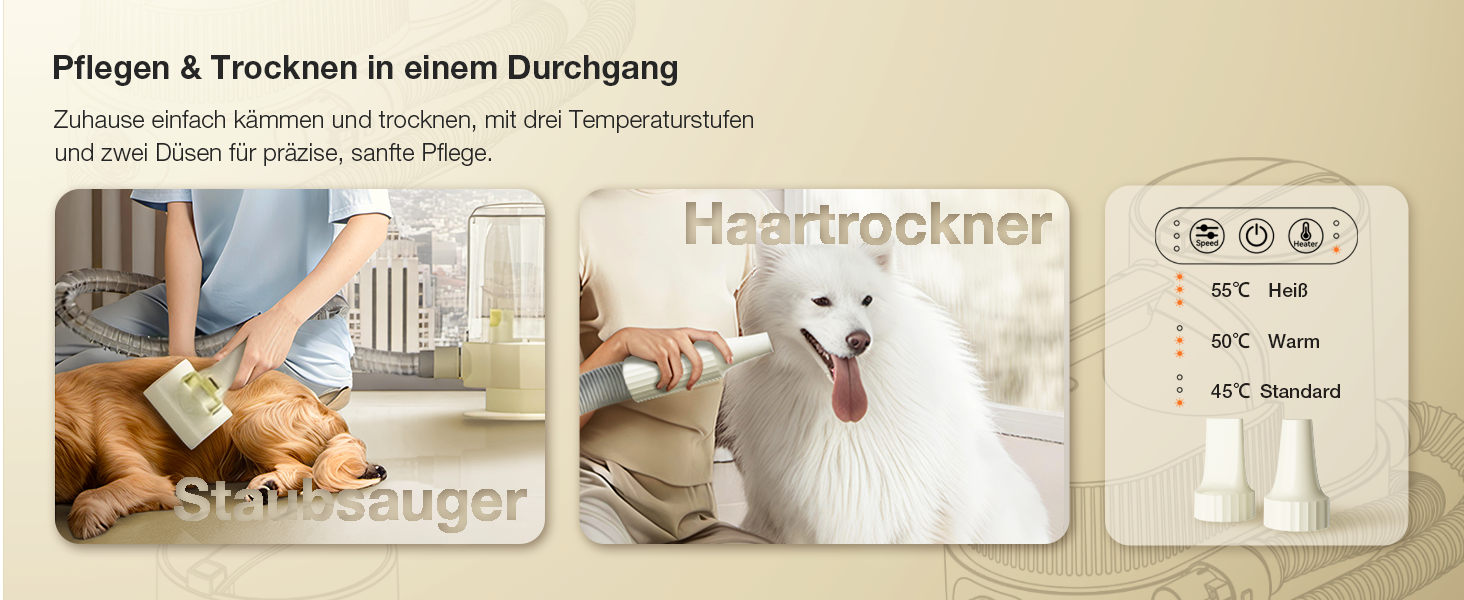 Набір для грумінгу тварин 7-в-1: шерсть, пилосос, фен. Потужність 11000Pa, об'єм контейнера 2.5л, 3 режими сили всмоктування та температури. Підходить для собак та котів. Колір: жовтий.