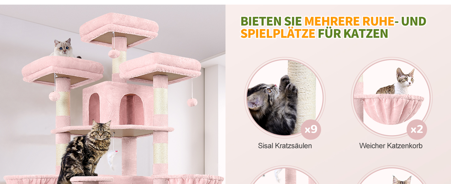 Розкішна когтеточка Globlazer XXL для великих і кількох котів, 204 см, з будиночками, гамаками та м'якими сидіннями (рожева)