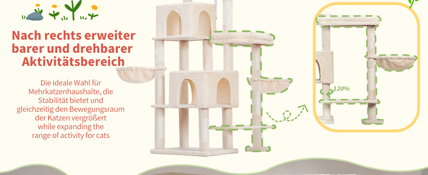 Котячий будиночок Hey-brother XXL для великих котів, 180 см, стабільний, з 3 платформами, 3 печерами та 2 котячими будиночками (Бежевий)