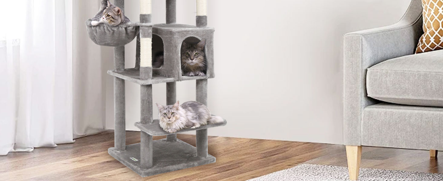 Драбина-будинок для котів Globlazer S74 XXL (188 см, сірий) - міцна, кутова, з будиночком та платформами