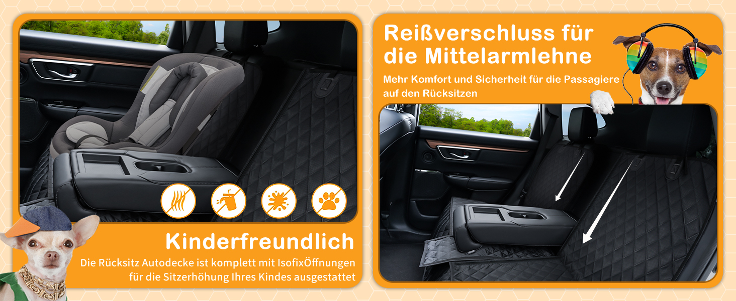 Захист для автосидіння для собак Angooni - водовідштовхувальний, антиковзаючий, стійкий до подряпин (135x120 см) - універсальний захист для заднього сидіння (135 см з ISOFIX)