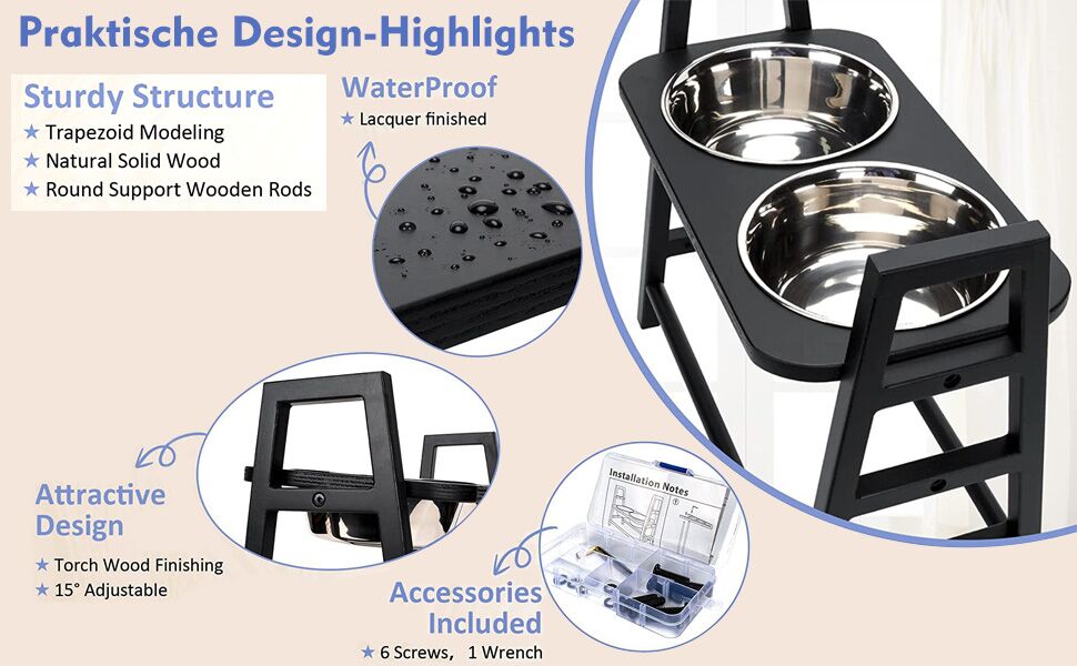 Підставка для годівлі собак з регулюванням висоти, дерев'яна, з двома мисками з нержавіючої сталі, нахил 15°, регулювання по висоті в 3 положеннях