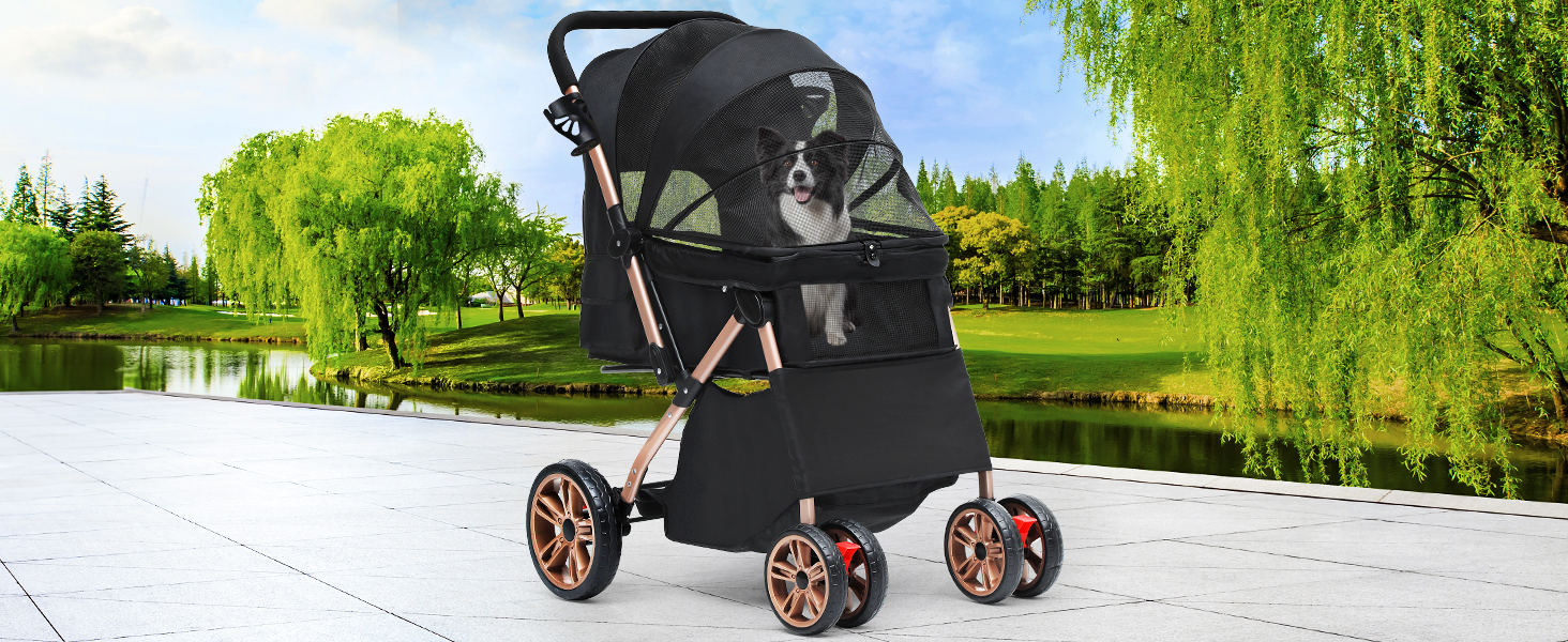 Візок для собак YITAHOME, чорний, для маленьких собак, з обертовим ручками, сітчастими вікнами та гальмами