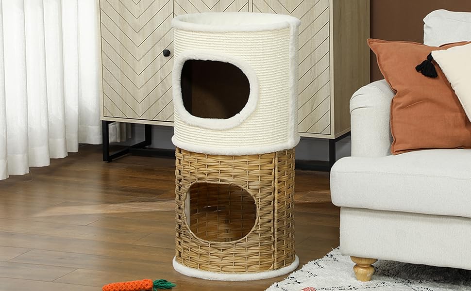 Котячий будиночок PawHut 80 см, 3-ярусний, з плюшевим обідком, колір кремово-білий+коричневий