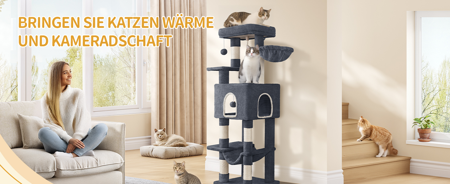 Дерево для котів Hzuaneri Kratzbaum 149 см з 5 стовпчиками для шліфування, платформами, печереєю, багатоярусне котяче ігрове дерево, помпонами, MS14918LG (темно-сірий)