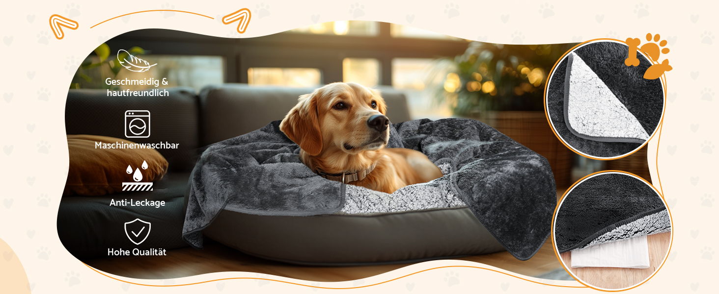 Водонепроникний килимок для собак 100x120 см (40x47 дюймів) - м'який, плюшевий, машинного прання, для собак середніх порід до 16 кг, підходить для вулиці та дивану, чорно-білий (Small)