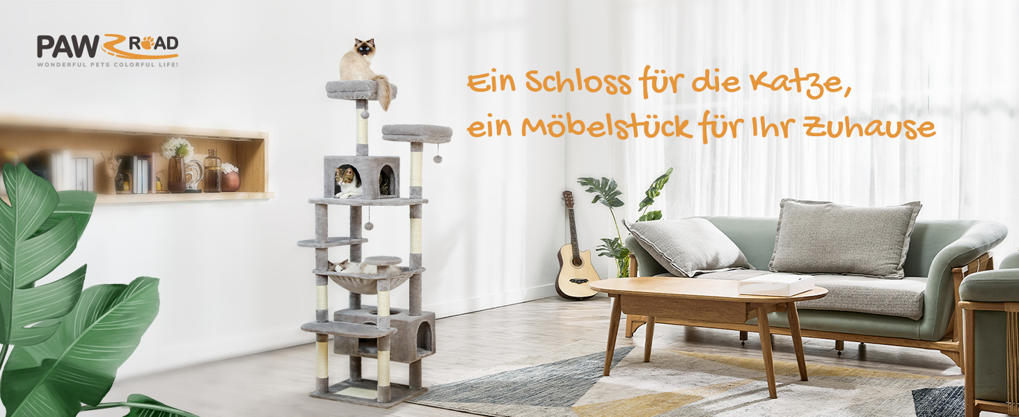 PAWZ Road Драбина-кіготь для великих котів, 184 см, сіра, з сизалевим покриттям, 2 стійки, будиночок та кошик