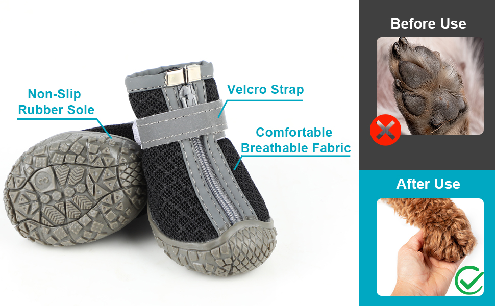 Чоботи для собак, захист подушечок лап, Outdoor, 4 шт. З відбиваючим кріпленням на липучці, дихаючі, регульовані, для малих та середніх собак (Чорний, 5)