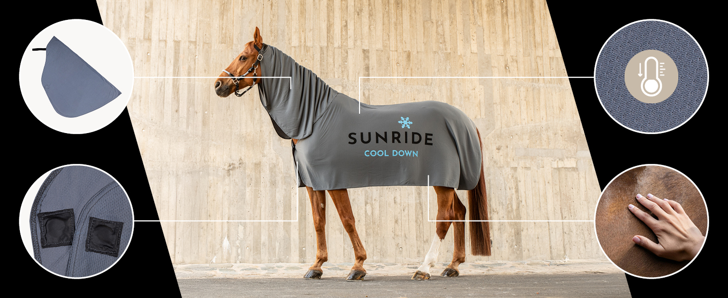 Охладна ковдра SUNRIDE для коней (Cool Down) 3-частинна - з накидкою на голову та тканиною - миттєвий охолоджуючий ефект завдяки випарній прохолоді - екологічна, проста у використанні - сіра (125 см)