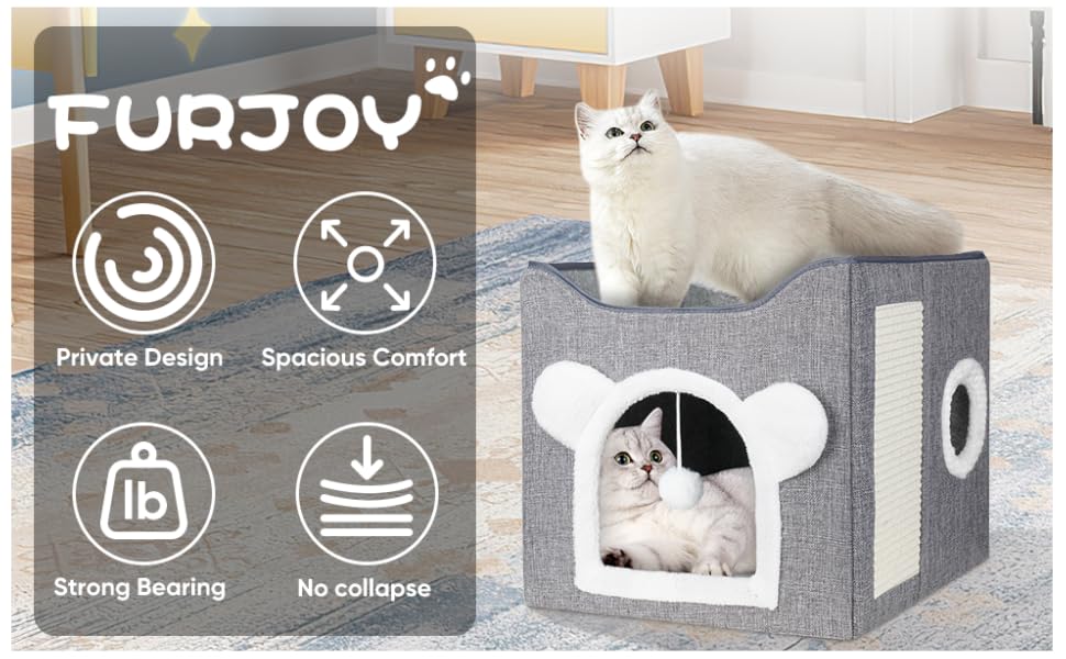 Кігтечка-ліжко для котів Furjoy: двоярусна кімната-будинок з іграшкою та когтеточкою, 40x40x40 см