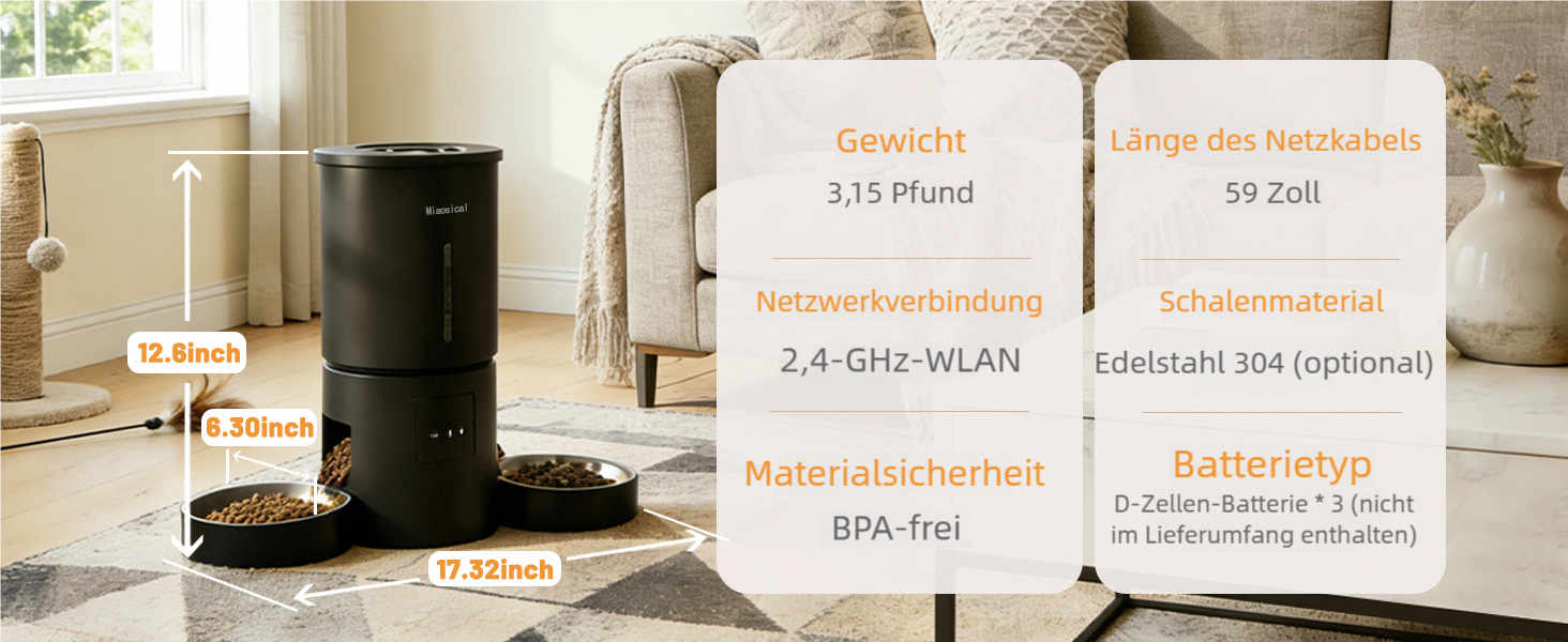Автомат годування котів для 2 котів з Wi-Fi, таймером та голосовою записом, 4.2L, чорний