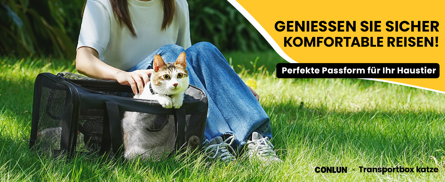 Транспортна переноска для кота Conlun, м'яка переноска з сіткою з 4 сторін, підходить для перевезення в літаку, для кошенят та невеликих котів до 6 кг, чорна, 43x28x28 см