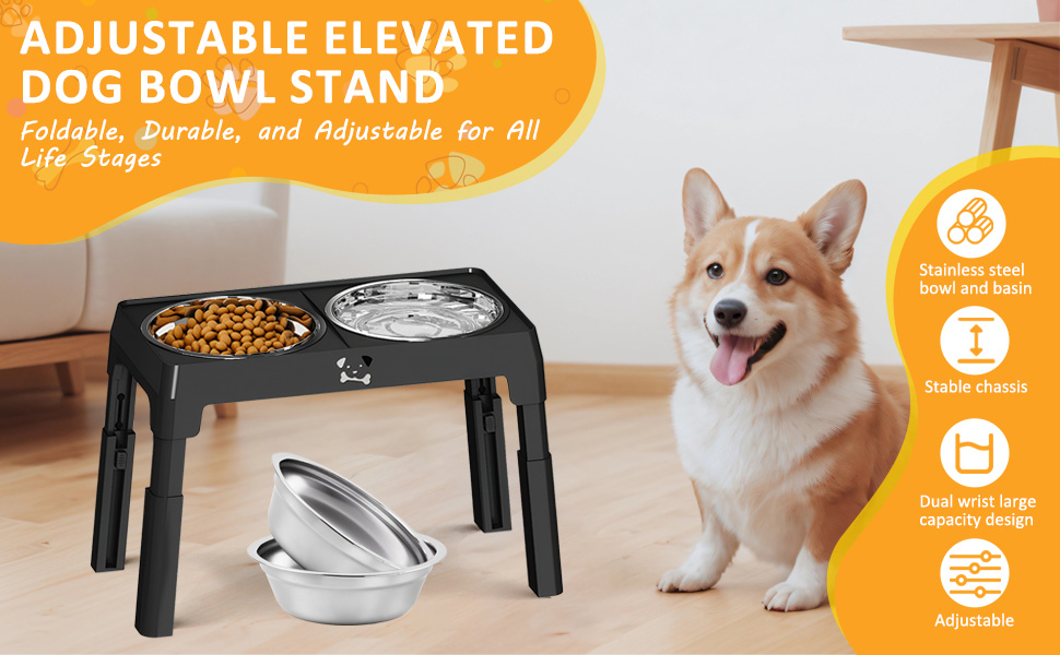 Підвищений годівниця для собак з регулюванням висоти, 5 рівнів, для малих, середніх та великих собак, годівниця-станція з 2 мисками з нержавіючої сталі, складна та протиковзка, для здоров'я суглобів та без BPA
