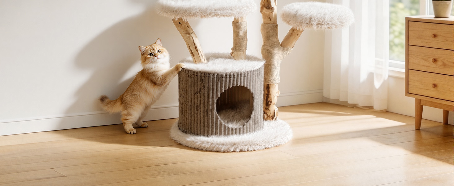 Дряпачка для котів Fudajo Forest Tree 137-146 см, ігровий комплекс у стилі натурального дерева з будиночком, ліжками та іграшковим м'ячем