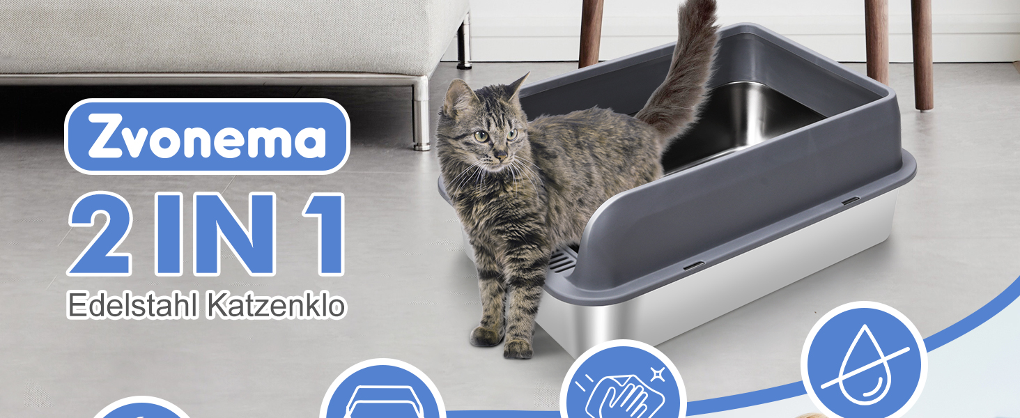 Котлочистка Zvonema для котів та кроликів, велика, з нержавіючої сталі, 60x40x25 см, блакитно-чорна, з лотком та шкребком