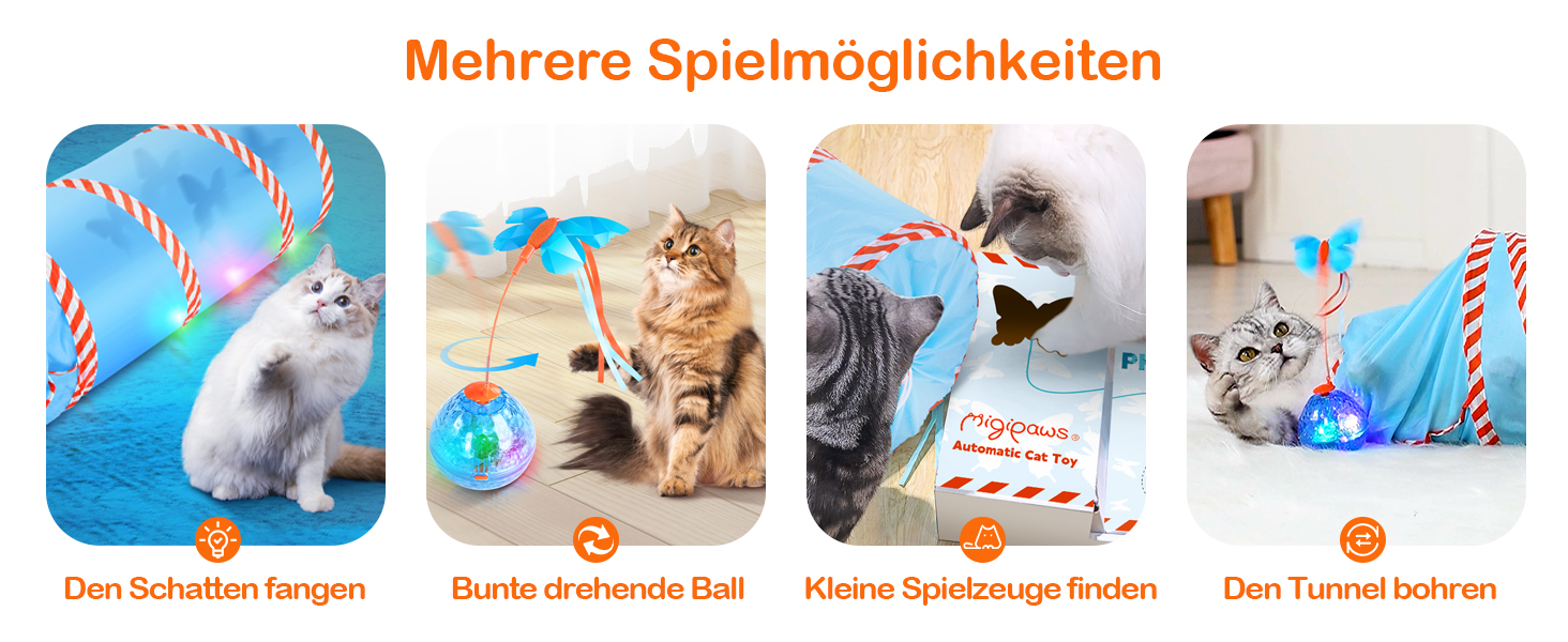 Інтерактивна іграшка для котів Migipaws 2-в-1: електричний м'ячик у тунелі, програмоване управління, іграшка-піймалка метеликів 2.0