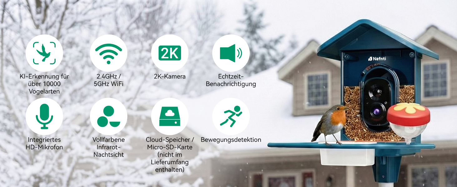 Кормушка для птахів з камерою, AI розпізнавання птахів, 2.4 ГГц/5 ГГц, сонячна, захищена від білок, миттєві сповіщення, 2K камера для заднього двору