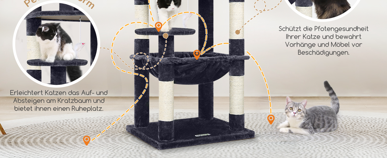 Комплекс для котів Globlazer Kratzbaum з гамаком 45x40 см, будиночком, платформами, 137 см, темно-сірий