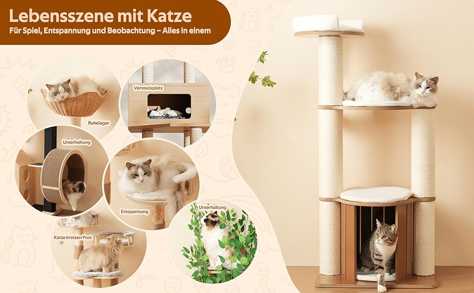 Кігтеточка для котів CareCooo 135 см з товстими стійкими стовпчиками, з будиночком, захистом від перекидання, з сизалю, водонепроникна, для великих котів, коричнево-біла