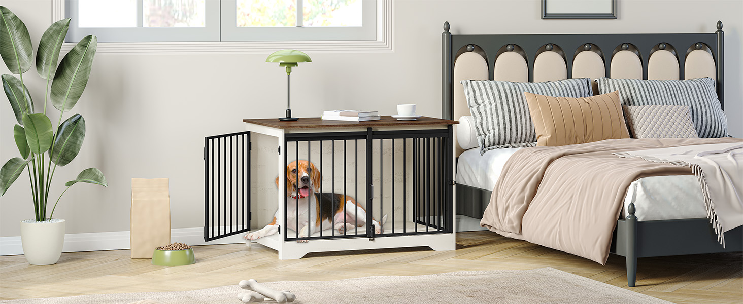 Будиночок для собаки Hzuaneri 100 см з дверцятами, дерев'яний, для дому, біло-коричневий