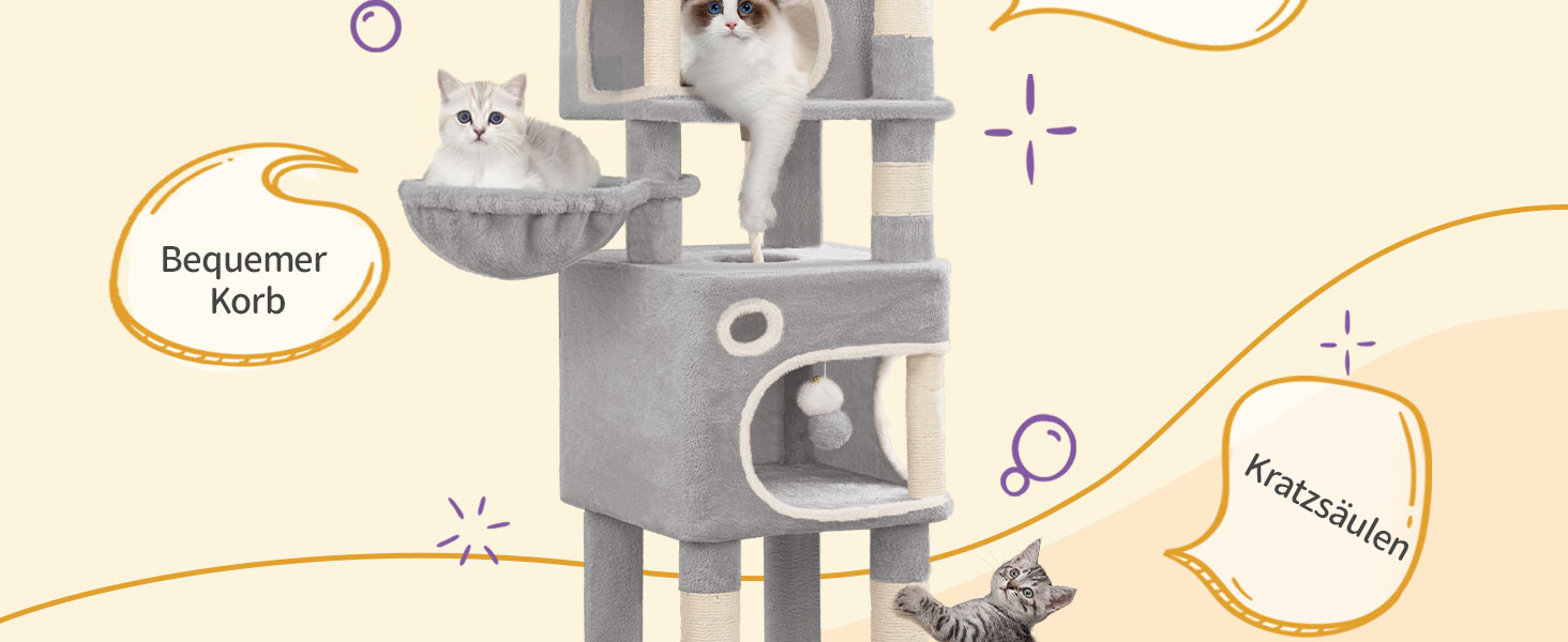 Драбина-кіготь Hzuaneri для котів, 159 см, 8 стовпчиків, 3 платформи, 2 хованки, кошик, плюшеві кульки, мотузка з сизалю, підходить для котів різних розмірів, сірий MS15918LG L (50 x 40 x 159 см)