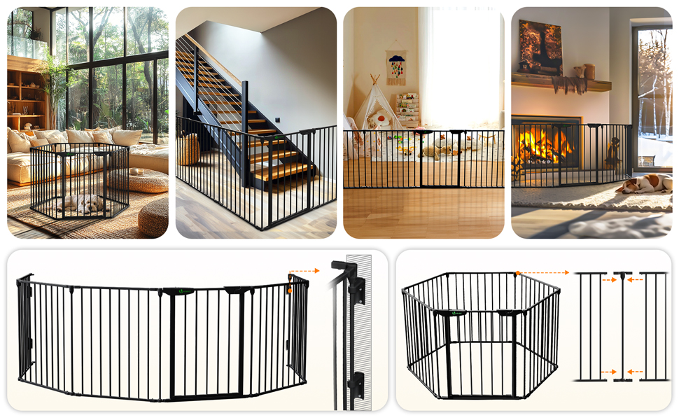 Захист для каміну Vounot - сітка металева, 5 елементів, з дверцятами, чорна 300x75 см (375 см у складеному стані)