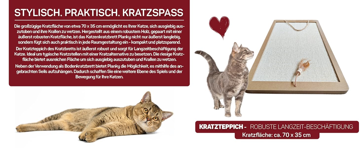 Котячий кігтетоп Planky XXL - великий килимок для дряпання котів з дерева, 70x35 см, 80x40x2 см