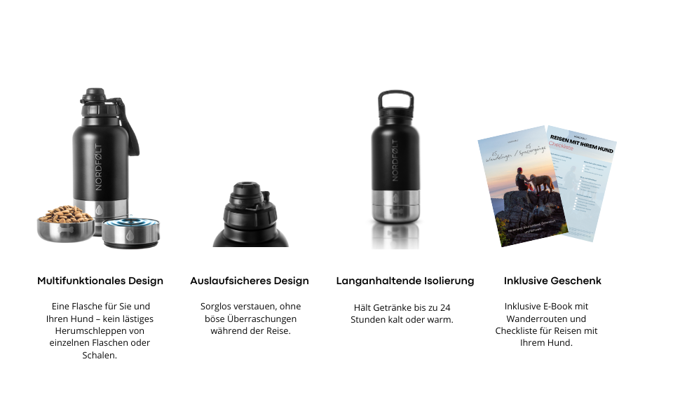 NORDFØLT® Поїлка для собак 4-в-1 з мисками для води та корму, 950 мл, ізотермо-пляшка з нержавіючої сталі, аксесуари для собак, BPA-Free
