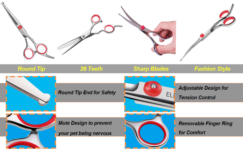 Набір професійних ножиць для грумінгу собак Elfirly: нержавіюча сталь, заокруглені кінчики, ножиці для розрідження, вигнуті ножиці, набір для стрижки шерсті тварин з триммером для нігтів (червоний)