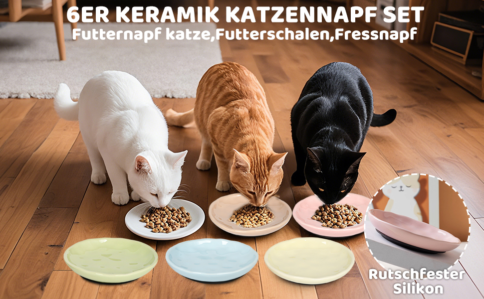 Набір керамічних мисок для котів 6er – годівниця та миска для їжі з неслизьким силіконовим дном | Плоскі, широкі миски для їжі | Непошкоджуючі для вій та придатні для миття в посудомийній машині