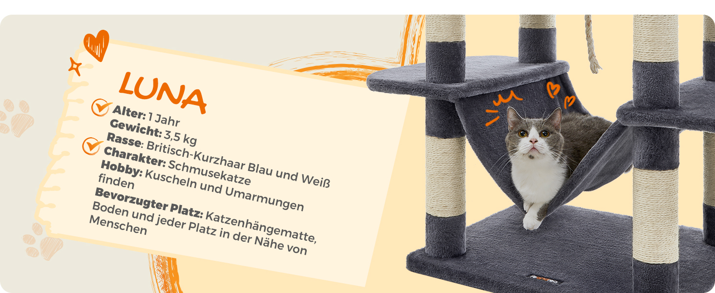 Котячий будиночок Feandrea XXL: багатоповерховий котячий комплекс 206 см, з 13 стовпчиками для шліфування, 2 платформами, 2 печерами, гамаком та іграшками, сірий