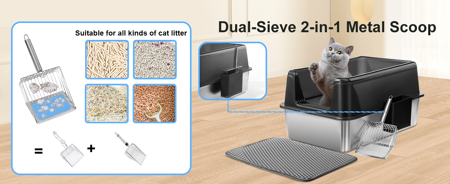 Торгова лоток для котів Marchul Katzentoilette XL з нержавіючої сталі, великий розмір, з кришкою, для великих котів, з антибактеріальним покриттям, з килимком та совком, не липкий