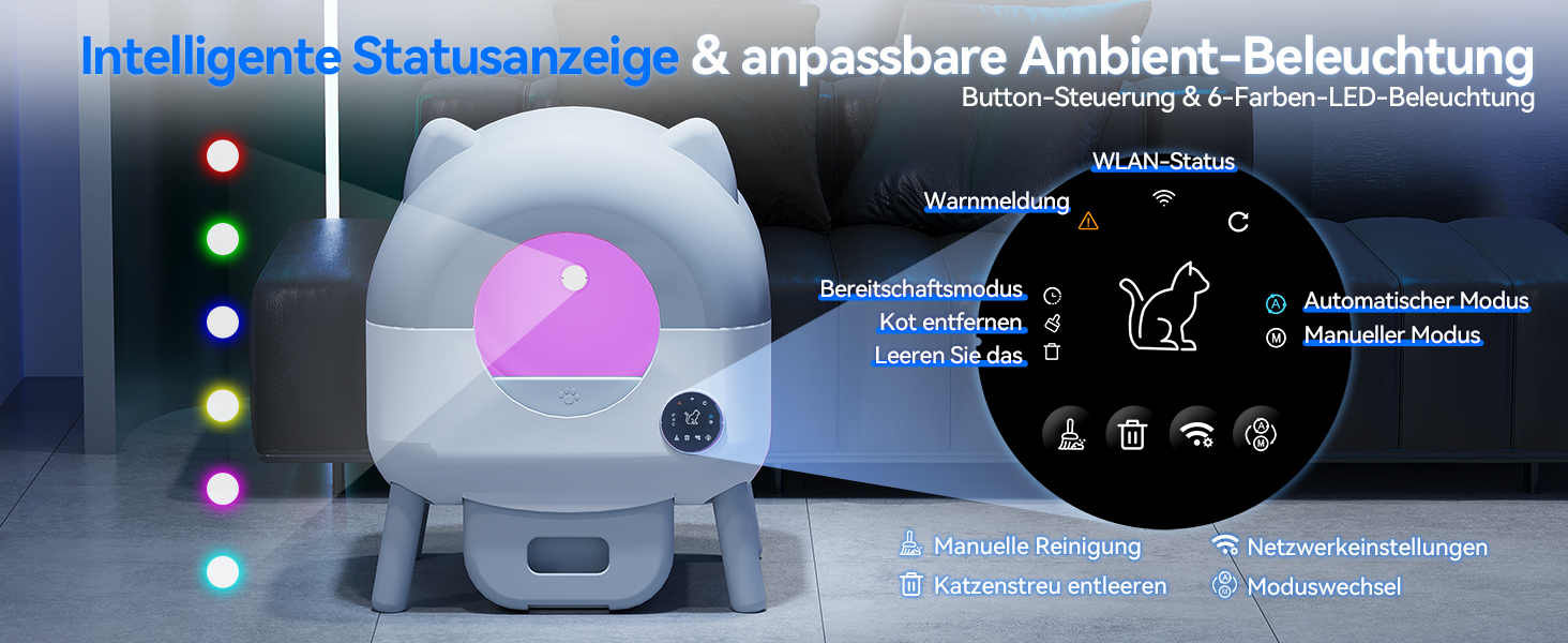 Автоматичний лоток для котів Devoko з самоочищенням, великий об'єм, керування через додаток, LED-підсвічування, килимок, для котів до 12 кг