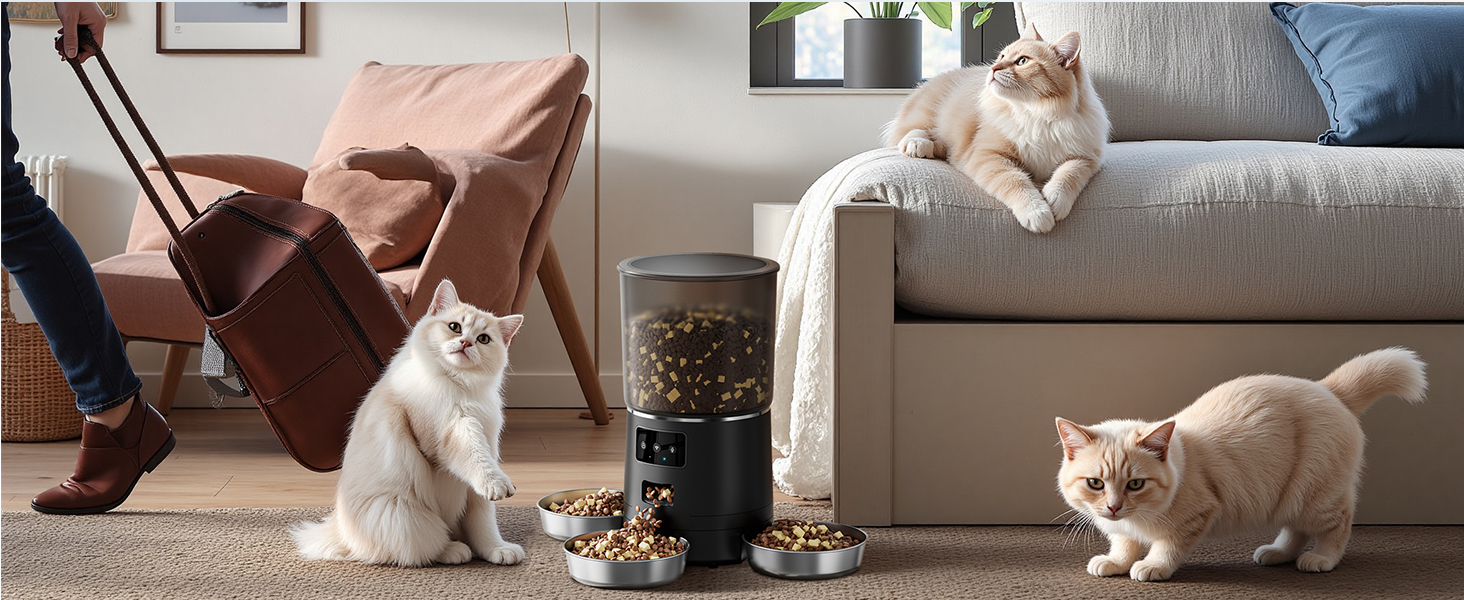 Автоматичний годівниця для котів з Wi-Fi та таймером, 6 л / 25 чашок, 3 миски, 3 пакети силікагелю, система проти застрягання, 2.4G Wi-Fi, запис голосу 10 секунд, чорний
