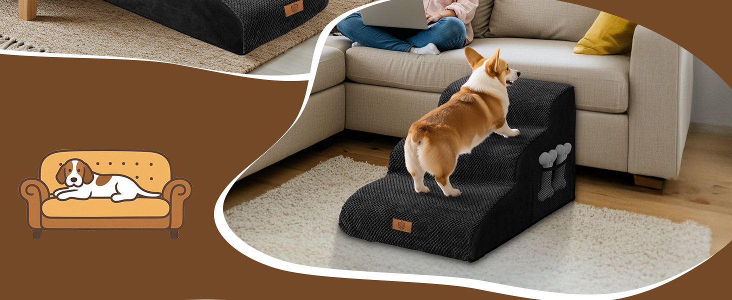 Сходинка для собак Eukue 3 сходинки, для маленьких собак та котів, портативна рампочка для ліжка та дивану, з високощільним шаром піни та чохлом, чорного кольору