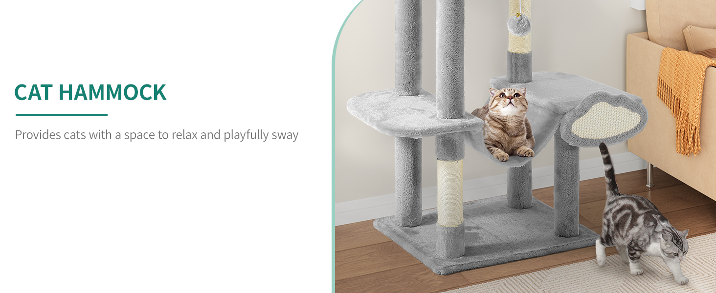 Кігтеточка YITAHOME XXL для котів, 142 см, сірий, з 8 стовпів з сизалю, 3 платформи, 2 печери, гамак, іграшки, кігтешкребок, крізьбаум