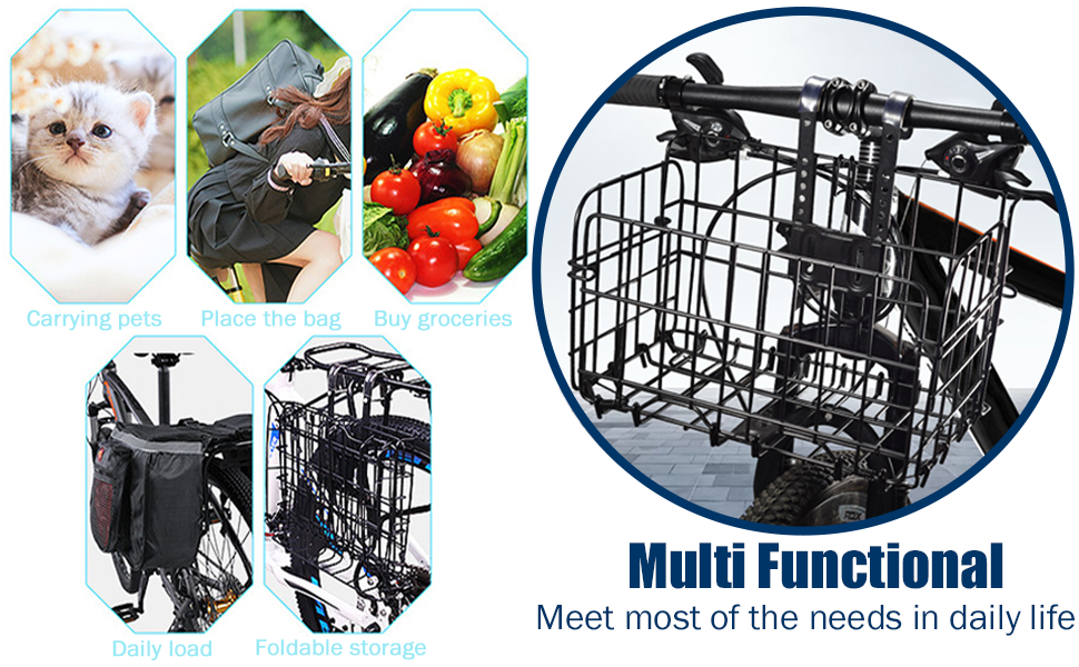Складаний велосипедний кошик SUQ з чорною нейлоновою сумкою, сталева велосипедна корзина, для тварин, покупок, подорожей, кемпінгу та відпочинку на природі (Чорний)